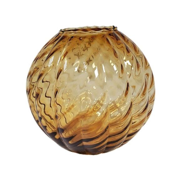 Vintage Hand Blown Art Swirled Glass Globe Round Amber Vase 5" Ruffled Edge Euc - Picture 3 of 6